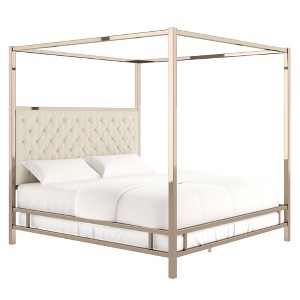 King Manhattan Champagne Gold Canopy Bed with Diamond Tufted Headboard Oatmeal Brown - Inspire Q