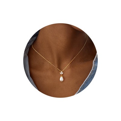 Turandoss Pearl Necklaces for Women - Dainty Gold Choker Pendant Pearl Necklace with Cubic Zirconia, Bridal Wedding Gifts, Bridesmaid Gifts, 16+2.5In
