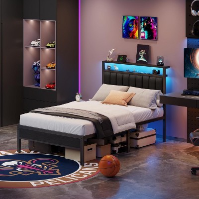 Furnulem full size bed frame with charging station and LED light, gray upholstered headboard, two-tier storage shelves, no spring mattress required