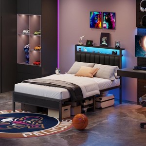 Furnulem full size bed frame with charging station and LED light, gray upholstered headboard, two-tier storage shelves, no spring mattress required - 1 of 4