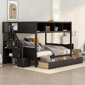 Twin over Full Bunk Bed with Shelves, Storage Staircase and 2 Drawers 4N - ModernLuxe - 1 of 4