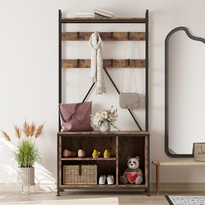 36" Hall Tree with Bench and Coat Rack – Entryway Shoe Storage Organizer with Hooks & Top Shelf, 5-in-1 Freestanding Brown. - 1 of 4