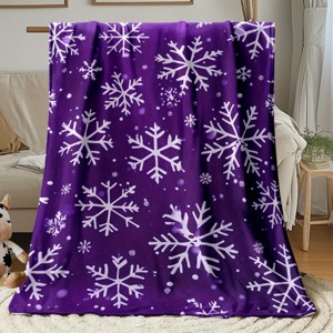 Lomsoe Purple & Pink Snowflake Flannel Blanket - Deep Purple Winter Decor with White & Lavender Snowflakes - Cozy Home & Outdoor Use. - 1 of 4