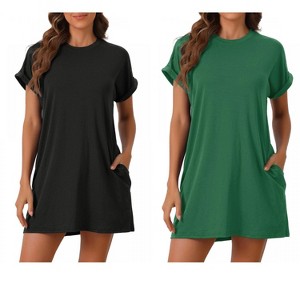 cheibear Women's Short Sleeve Round Neck Soft Night Dress with Pocket - 1 of 4