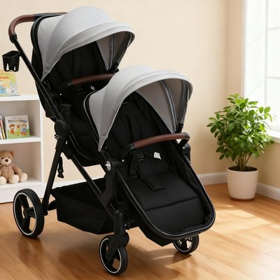 GustoWave Double Track Tandem Stroller – Foldable Bassinet Pram for Infant & Toddler, Reversible Pushchair with Large Storage Basket