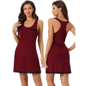cheibear Women's Racer Back Lace Trim U Neck Sleeveless Lounge Tank Nightgowns Pajama Dress - 1 of 4