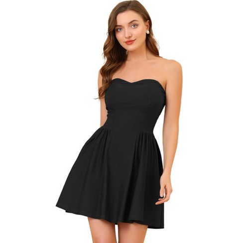 Strapless Black 1980s Midi Party Dress With Sweetheart Neckline