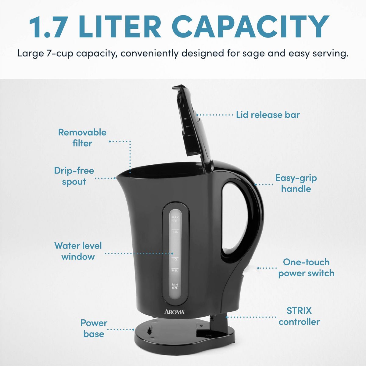 Aroma 1.7L Electric Kettle - Black - thumbnail 8