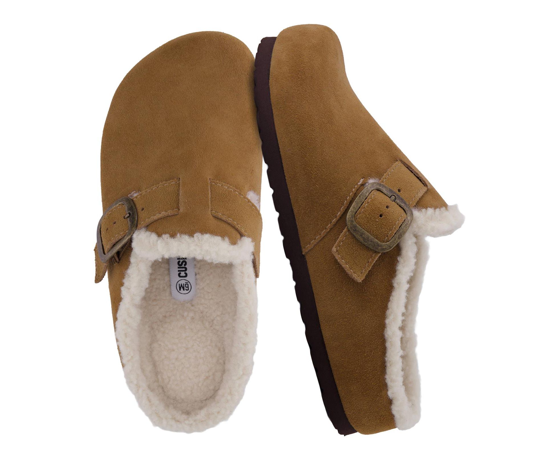 CUSHIONAIRE Haven Genuine Leather Clogs for Women – Faux Fur Lined  Slip-On Womens Shoes with Cork Footbed and Adjustable Buckle, CAMEL 10