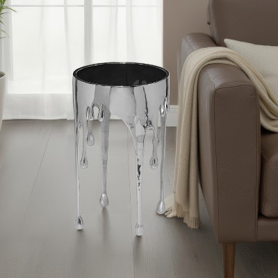 Royal Hampton Side End Table | 24.75 Inch Round Glass Top | Melting Drip Design | Silver