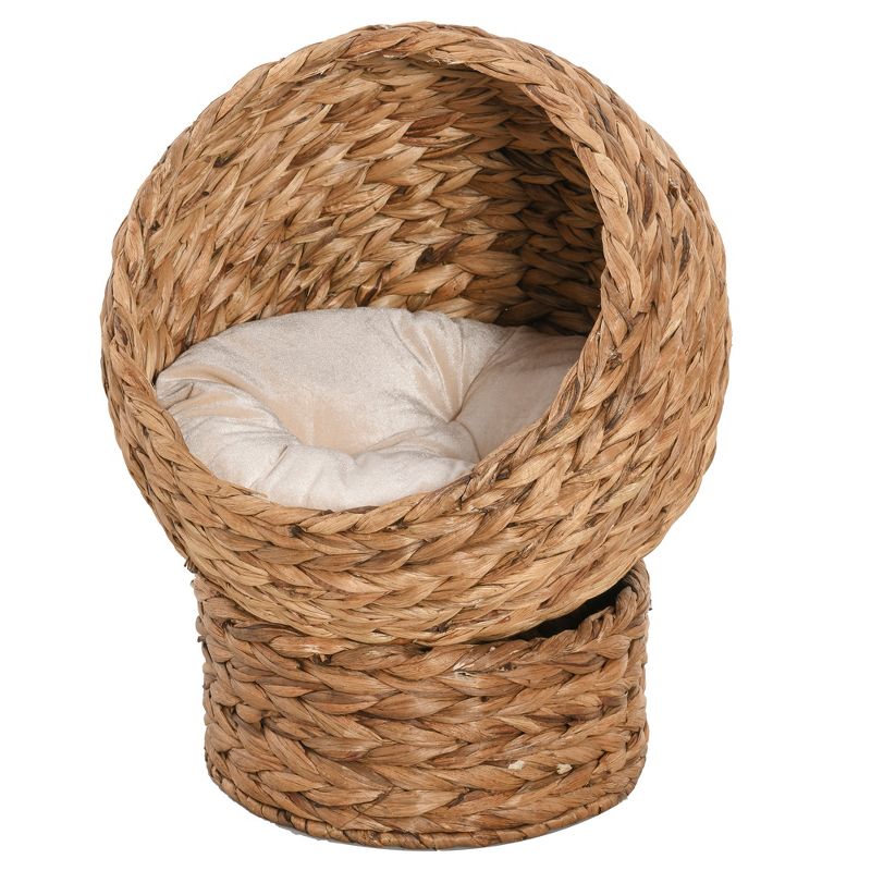 PawHut 20" Natural Braided Elevated Cat Bed Basket House Chair Sofa With Cushion, 1 of 9