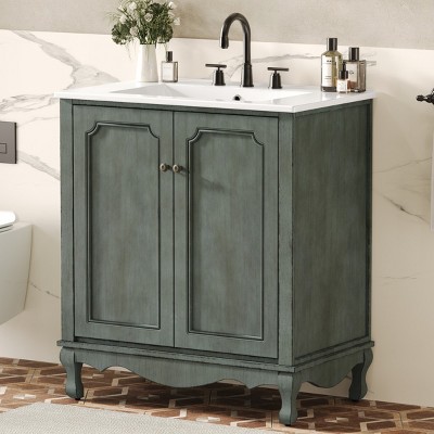 Vintage Bathroom Vanity With Ceramic Sink,Bathroom Storage Cabinet With Adiustable Shelves,Rubber Wood Legs And Antique Handles -Maison Boucle