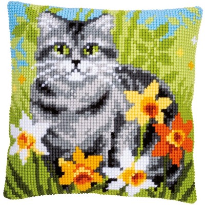 Vervaco Counted Cross Stitch Cushion Kit 16"X16"-Cat Between Flowers