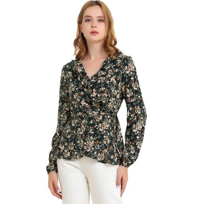 INSPIRE CHIC Women's Floral Print V Neck Tie Waist Ruffle Neck Chiffon Wrap Shirt