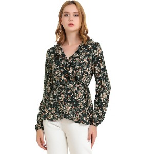 INSPIRE CHIC Women's Floral Print V Neck Tie Waist Ruffle Neck Chiffon Wrap Shirt - 1 of 4
