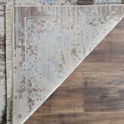 Vintage Light Blue and Brown Rectangular Synthetic Rug, 5' x 7'