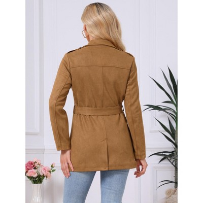 INSPIRE CHIC Women's Faux Suede Lapel Collar Belted Work Dressy Business Casual Overcoat Brown Small — фото 5
