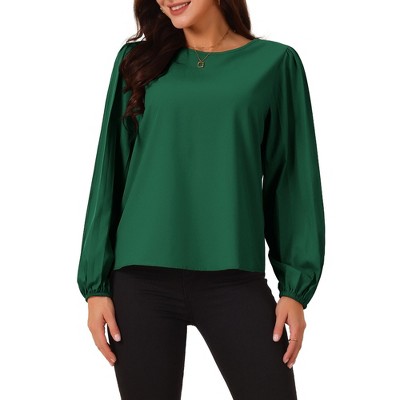 Seta T Women's Elegant Round Neck Chiffon Pleated Long Sleeve Flowy Dressy Business Tops