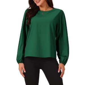 Seta T Women's Elegant Round Neck Chiffon Pleated Long Sleeve Flowy Dressy Business Tops - 1 of 4