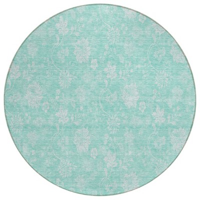 Aqua And Ivory Floral Washable Indoor Outdoor Area Rug