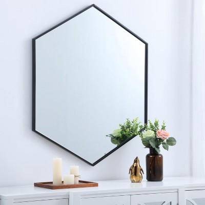 Contemporary Black Wood and Silver Metal Hexagon Mirror 38"