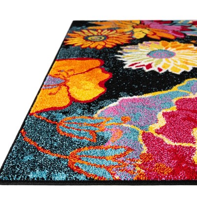 Black Floral Synthetic Rectangular Indoor Area Rug
