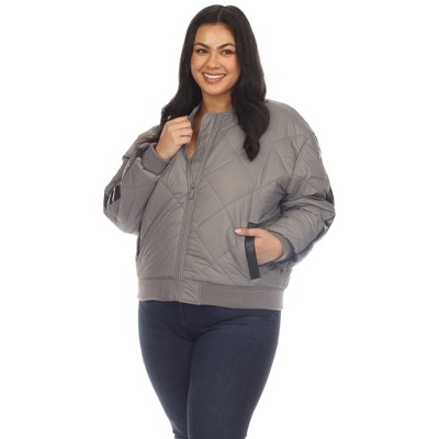 Plus Size Lightweight Diamond Quilted Puffer Bomber Jacket - White Mark