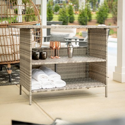 Gray Wicker Rattan Bar Counter Table with Shelves for Indoor/Outdoor Use