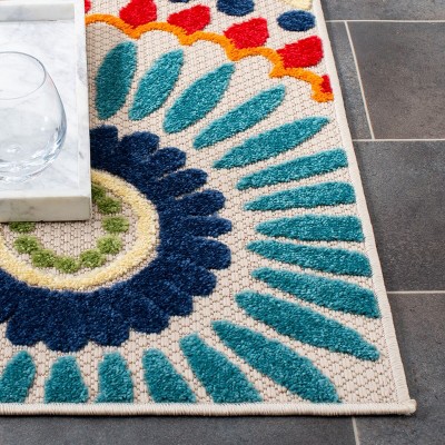 Blue and Ivory Floral Synthetic Indoor/Outdoor Runner Rug