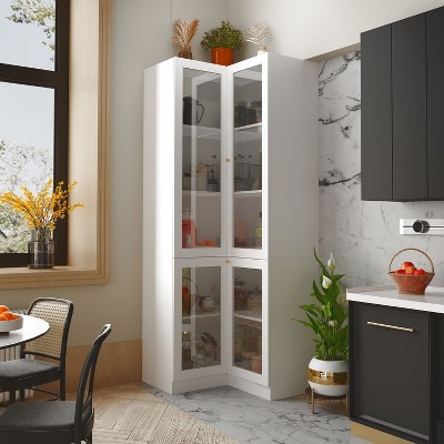 FUFU&GAGA White Corner Cabinet with 5 Levels of Storage 4 Glass Cabinet Door Cone Pulls