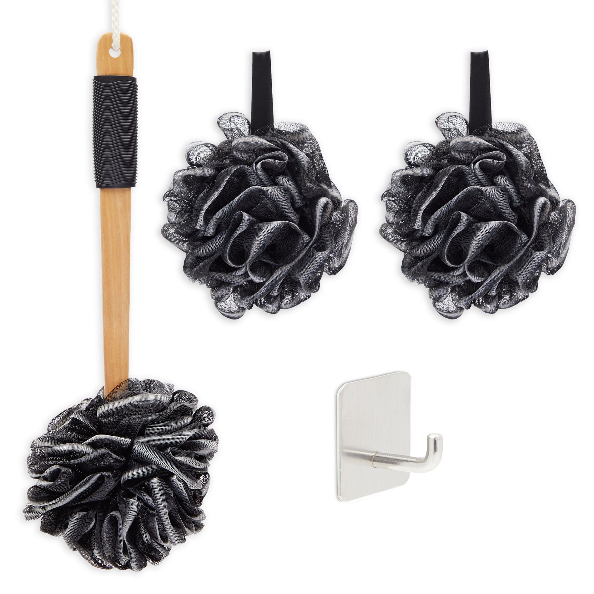 Okuna Outpost 4 Pack Exfoliating Loofah Set with Long Handle Back Scrubber, 2 Shower Loofahs, Bath Sponge and Hook
