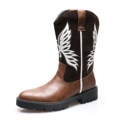 Santimon Mid-Calf Western Cowboy Boots, Embroidered, Thick Sole, Brown