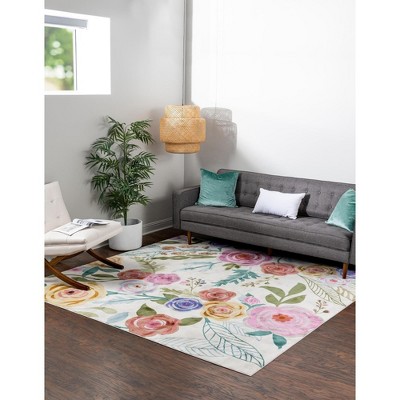 Ivory Floral Square Easy Care Stain-resistant Area Rug