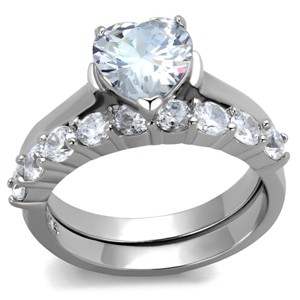 Slickblue Women's Heart CZ Engagement Ring Set, Matching Band with Stones, Polished Stainless Steel, Sizes 5–10 - 1 of 4