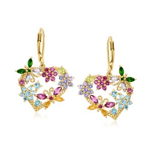 Ross-Simons 3.73 ct. t.w. Multi-Gemstone Flower and Butterfly Heart Drop Earrings in 18kt Gold Over Sterling - 1 of 3