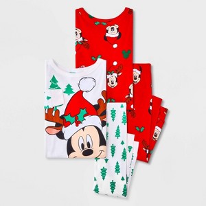 Toddler 4pc Mickey Cotton Long Sleeve Christmas Pajama Set - Red/Cream - 1 of 4