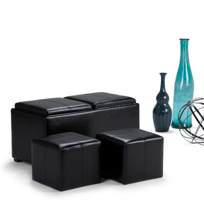 CAVINAS Faux Leather Storage Ottoman Bench with 2 Flip Over Serving Trays,Upholstered Storage Ottoman,Storage Benches for Living Room,Bedroom