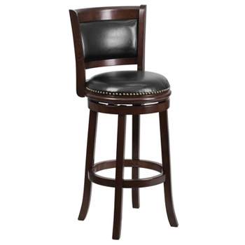 Merrick Lane 30" Panel Back Bar Height Stool with Black Faux Leather Upholstered Back & Seat, Nail Trim, and Cappuccino Wooden Frame