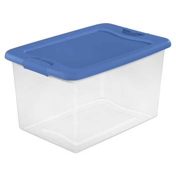Sterilite 64 Quart Clear Plastic Stackable Storage Bin Container Box with Latching Lid for Home and Garage Organization, Blue Summer (24 Pack)