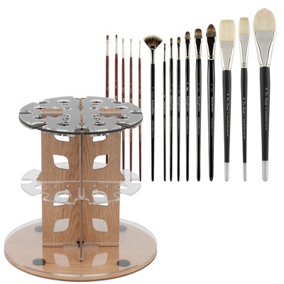 Mezzo Rotating Paint Brush Storage Rack w/ Artist's Pro Collection of 15 Natural and Synthetic Oil Paint Brushes- Hamburg, Mimik Kolinsky & Pro-Stroke