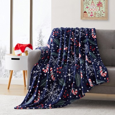 Kate Aurora Holiday Living Christmas Candy Canes & Snowflakes Navy Accent Throw Blanket - 50 in. W x 60 in. L