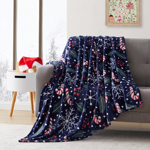 Kate Aurora Holiday Living Christmas Candy Canes Snowflakes Navy Accent Throw Blanket 50 in. W x 60 in. L