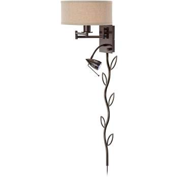 Possini Euro Design Radix Modern Swing Arm Wall Lamp with Cord Cover LED Reading Light Bronze Plug-in Light Fixture Oatmeal Shade for Bedroom Bedside