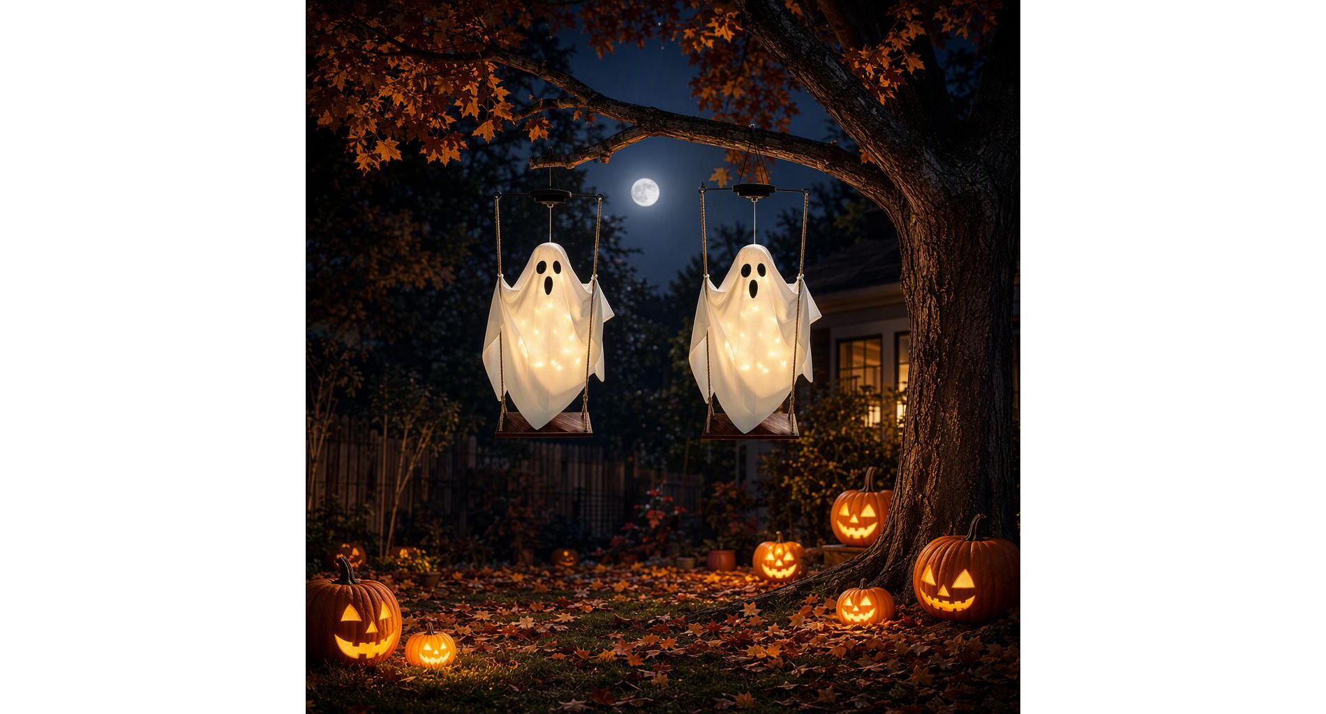 2 Pack Halloween Hanging Ghost Decorations Outdoor Solar Powered Swinging Ghosts with LED String Lights for Yard Porch Patio Lawn Garden Decor