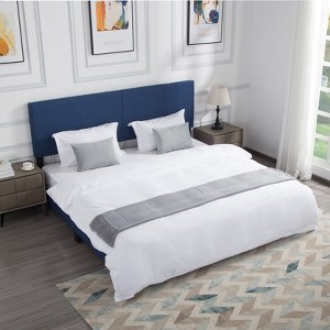 DOMETOUR King Size Platform Bed Frame with Upholstered Headboard and wood slats support Navy Blue - 1 of 4