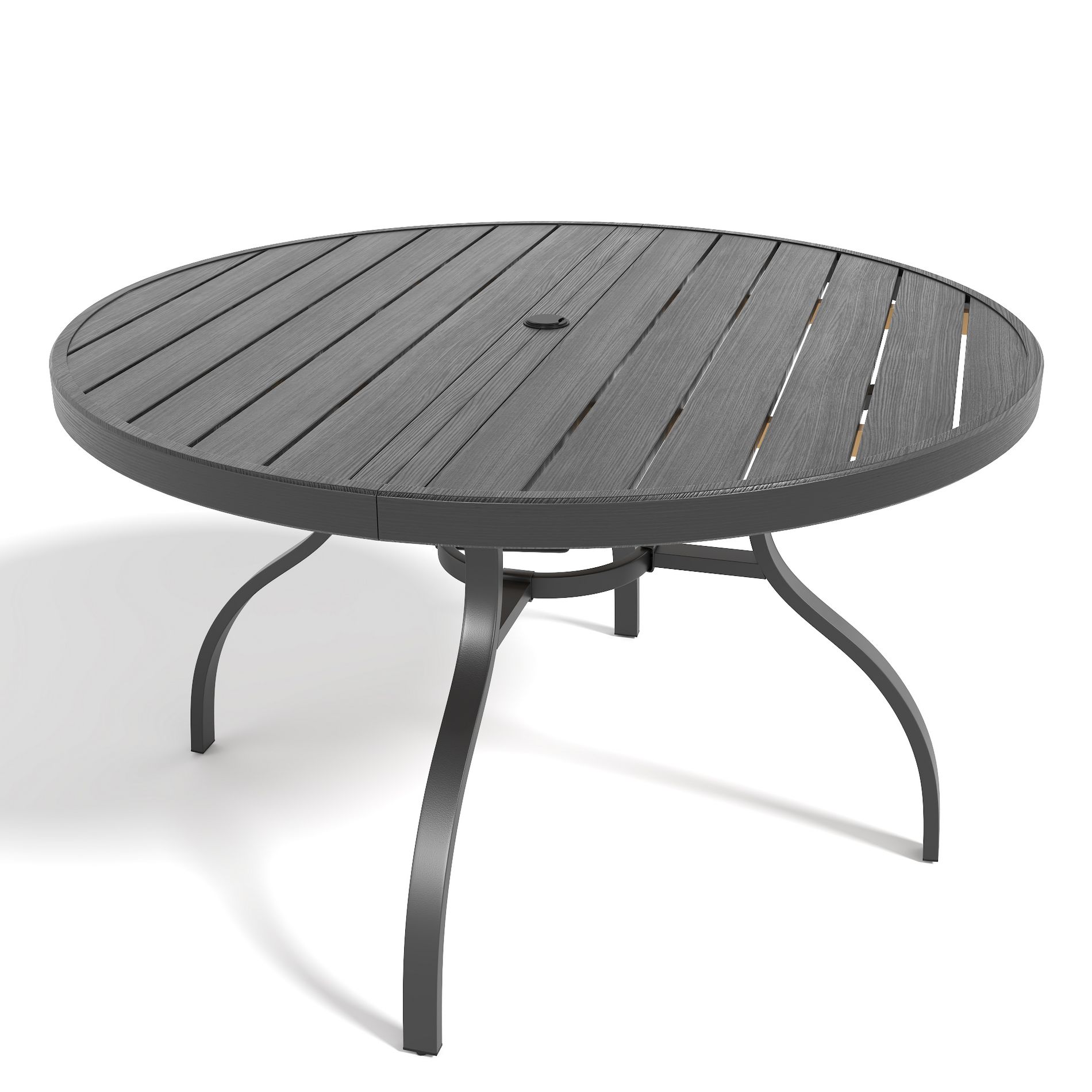 47" Round Faux Wood Slat Patio Table with Umbrella Hole, Rust-Resistant Outdoor Dining Table