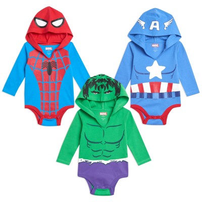 Marvel Avengers Hulk Captain America Spider-Man Baby 3 Pack Cosplay Bodysuits Newborn to Infant 