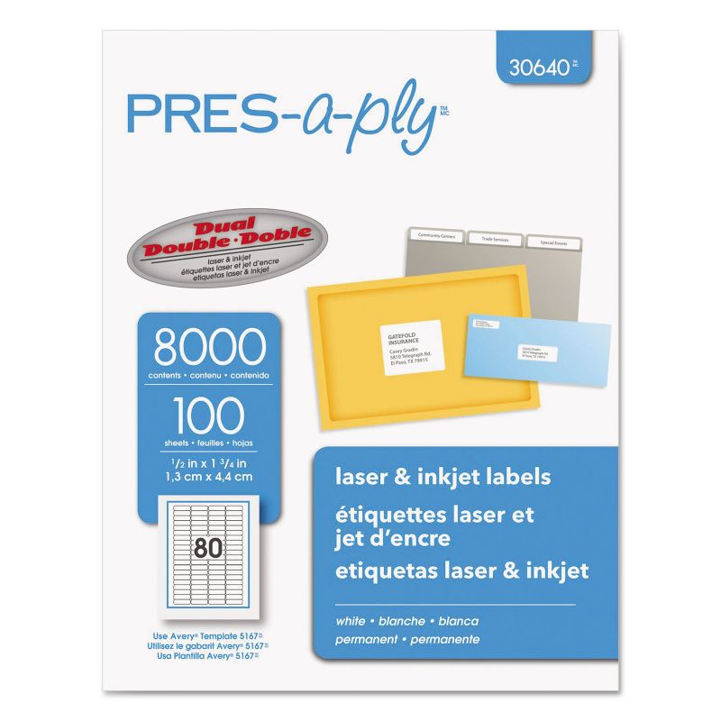 PRES-a-ply Laser/Inkjet Address Labels 1/2 x 1 3/4 White 8000/Pack 30640, 1 of 6