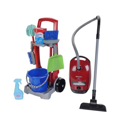 Theo Klein Kid's Cleaning Trolley with Miele Toy Vacuum Pretend Set with Large Broom, Mop, Bucket, Dustpan, Soapbox, and More for Ages 3 and Up, Red