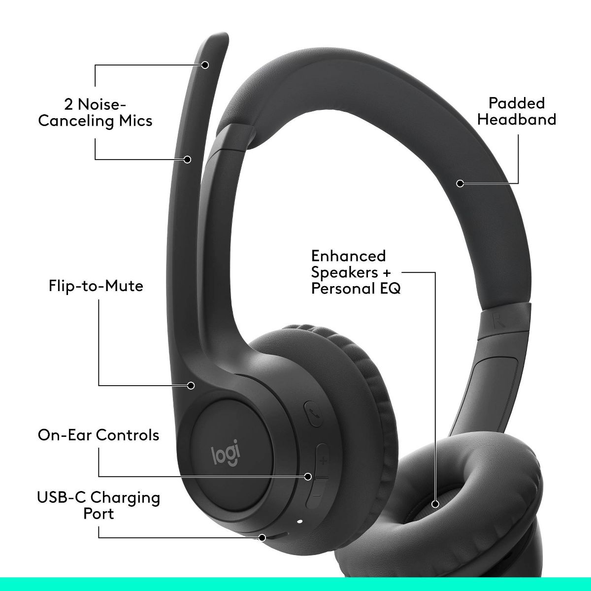 Logitech Zone 300 Bluetooth Wireless Headset - Black: Hands-Free, Multi-Pairing, USB-C - thumbnail 6